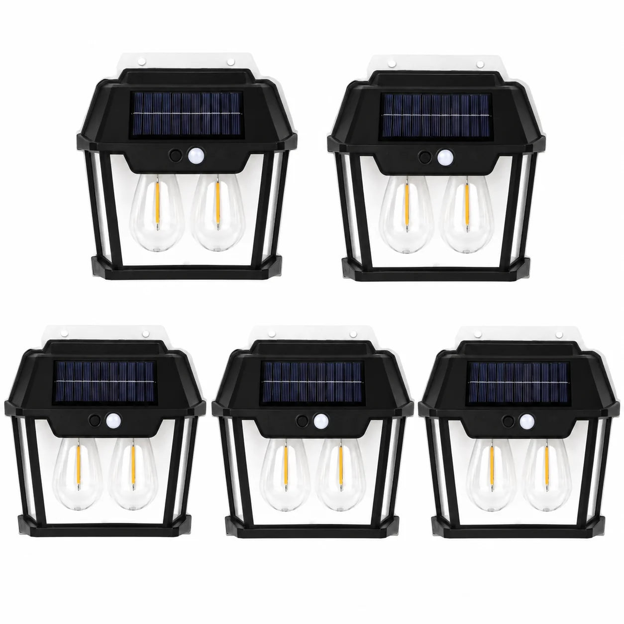 Set 5 Lămpi Solare de Perete | 54 LED-uri | 2 Becuri LED Tip Clasic | Senzor de Mișcare | Exterior IP65 | Încărcare Solară