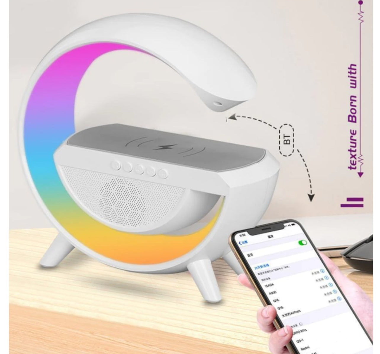 Statie Incarcare Wireless 3 in 1 cu lampa RGB si Boxa Bluetooth