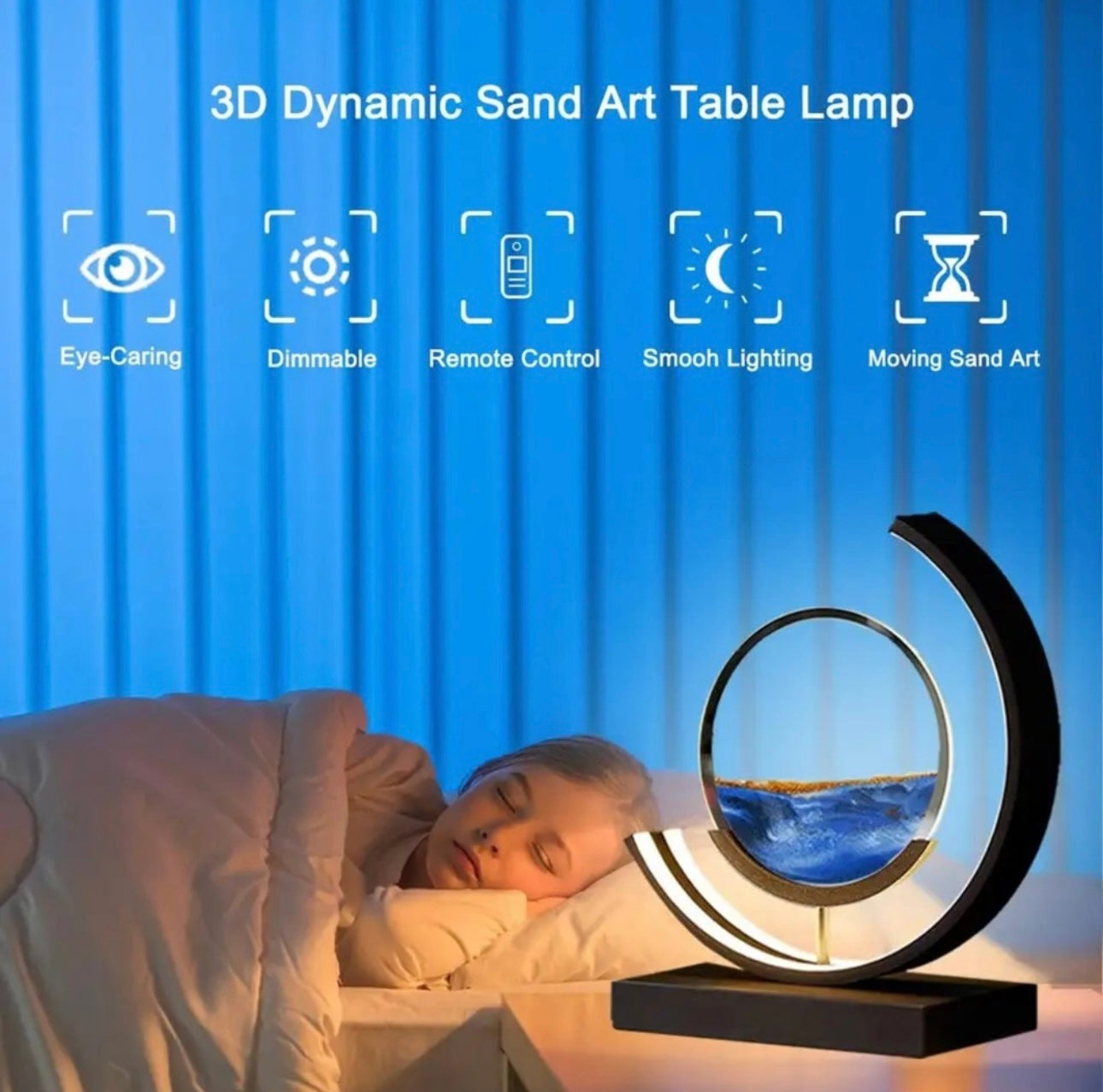 Lampa tip clepsidra cu nisipuri miscatoare, decorativa, 3D dinamica, albastru