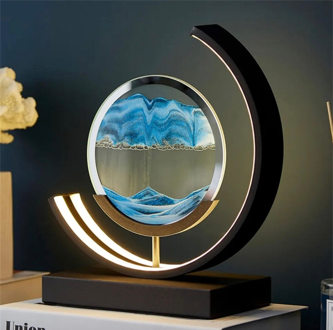 Lampa tip clepsidra cu nisipuri miscatoare, decorativa, 3D dinamica, albastru