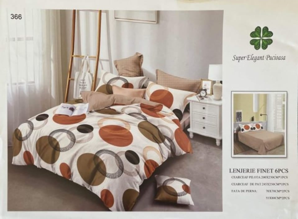 Lenjerie de Pat Finet, 6 Piese, Model cu Cercuri, Super Elegant Pucioasa