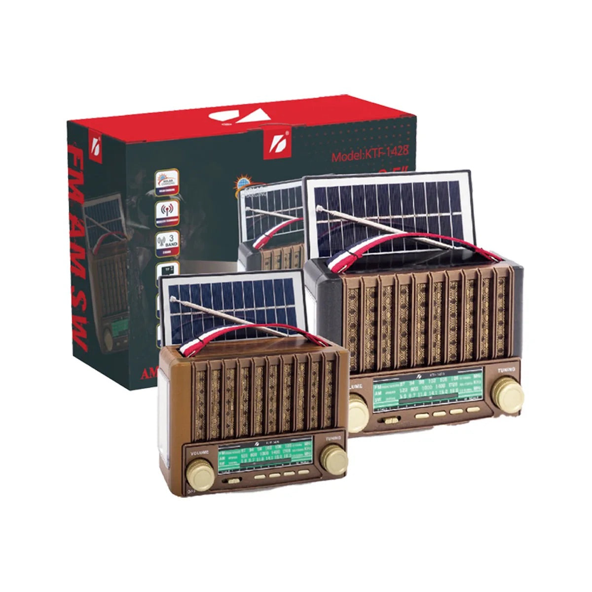 Radio Vintage KTF-1428 cu baterie, lanternă, subwoofer, radio solar automat, FM engross