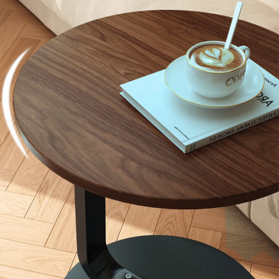 Masuta rotunda pentru cafea, lemn cu metal, 50 x 60 cm, natur cu negru