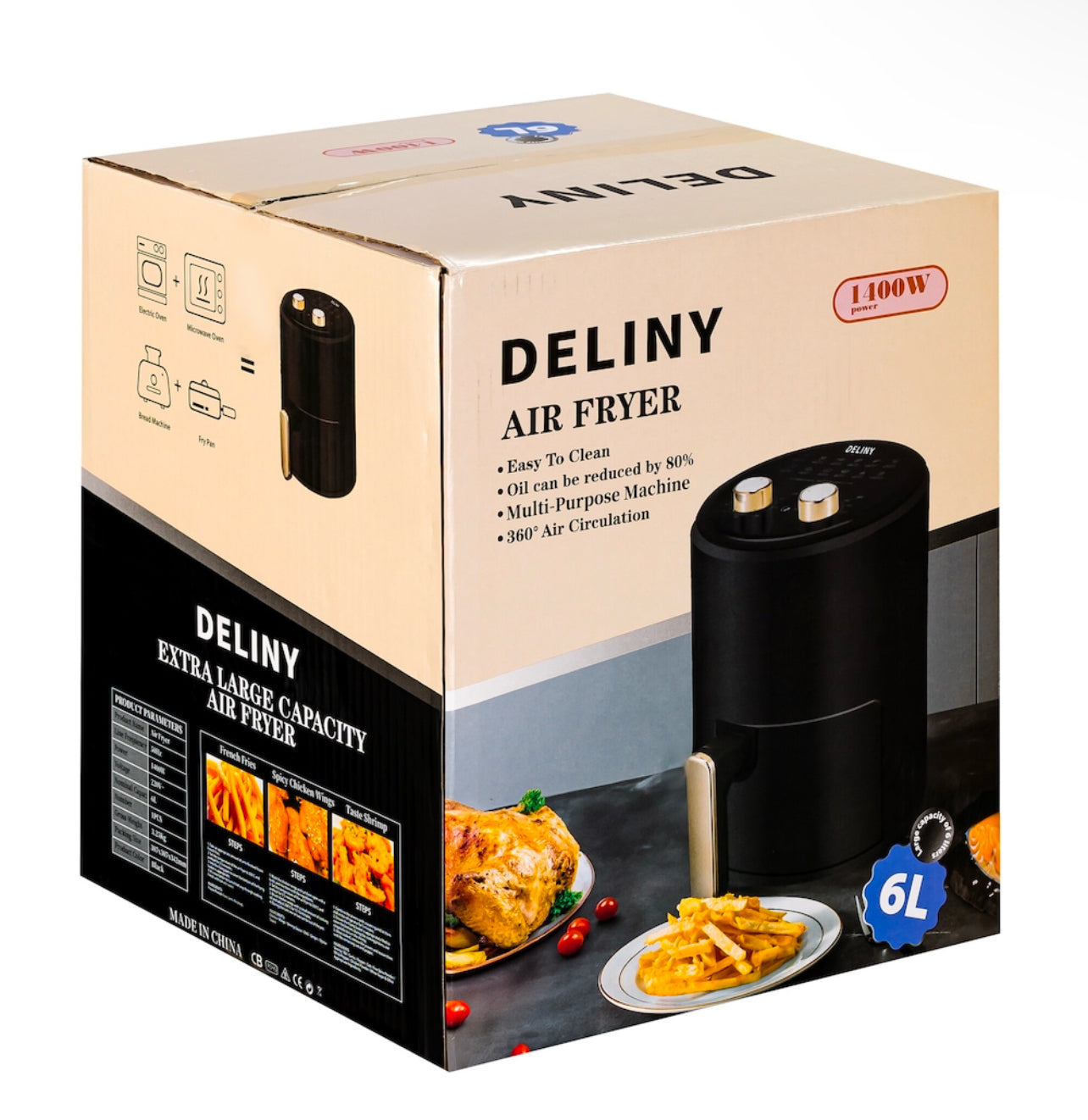 Friteuza cu aer cald, Deliny CHEF, Capacitate 6L,1400 W, Negru