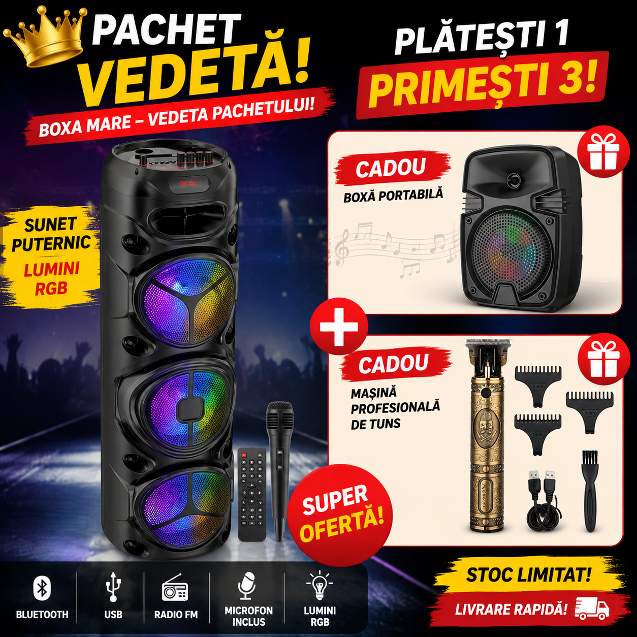 Boxa portabila Bluetooth cu 3 Difuzoare 1800W P.M.P.O mi de 8″ ZQS8301 Telecomanda si Microfon,95cm înălțime