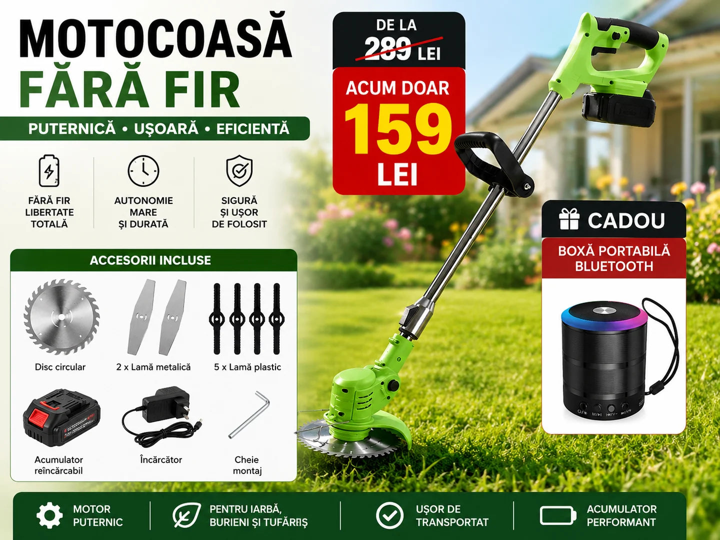 Motocoasa electrica cu 2 acumulatori 48 V, brat ajustabil, 2 Lame, 1 Disc Pentru Taiere, 20000 RPM, 2-3 Ore Autonomie, Verde