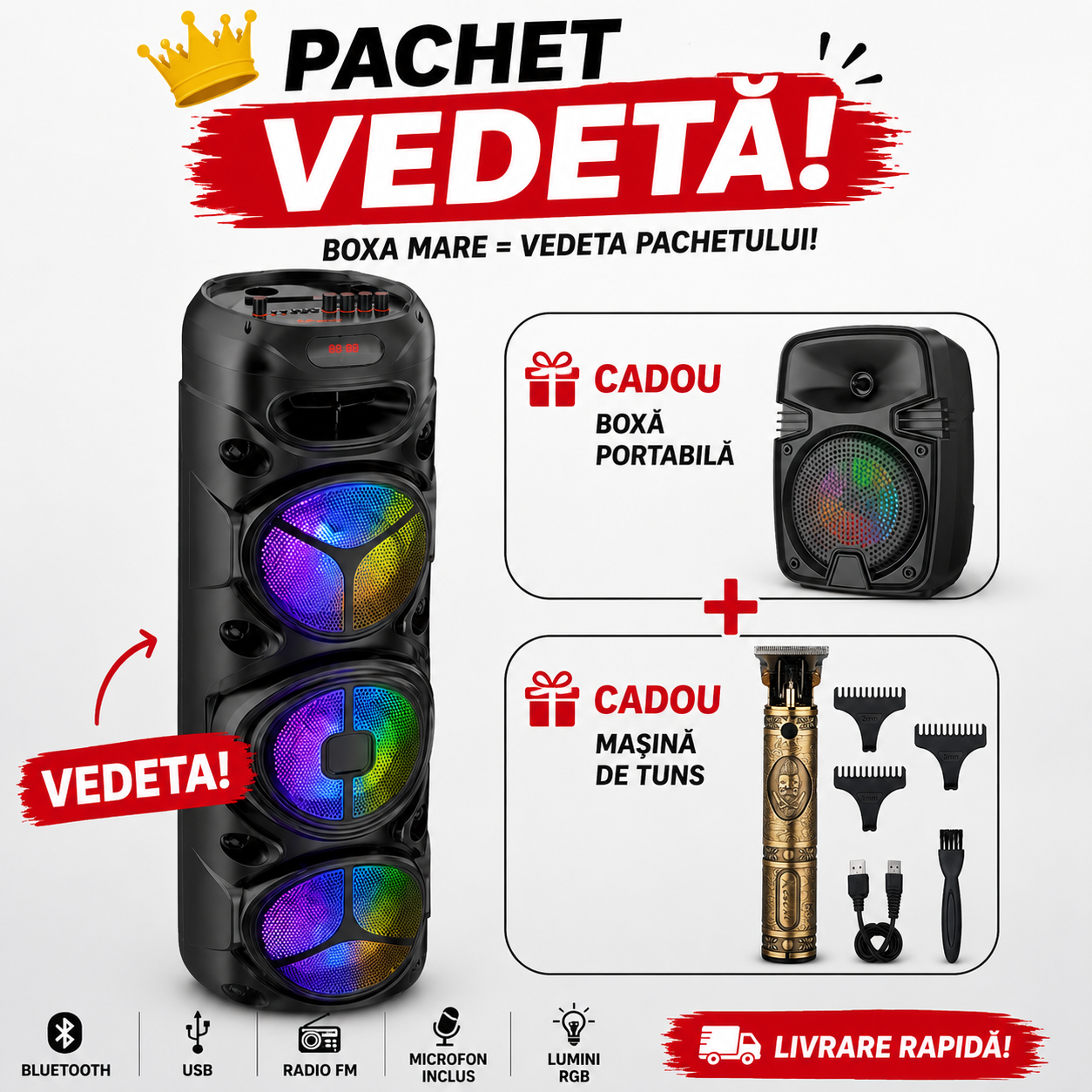 Boxa portabila Bluetooth cu 3 Difuzoare 1800W P.M.P.O mi de 8″ ZQS8301 Telecomanda si Microfon,95cm înălțime