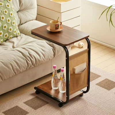 Masuta din otel carbon pentru cafea, 4 roti, 2 blaturi din lemn, buzunar de depozitare, 65 (H) x 45 (L) x 30 (l) cm, natur