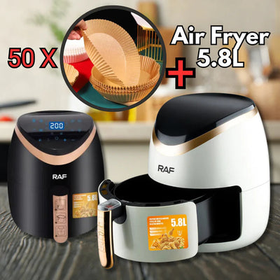 Ofertă: Air Fryer Deluxe RAF Capacitate 5.8L, 1500W, Circulație Aer 360°, Touch Screen + Set 50 de Hârtii de Copt pentru AirFryer