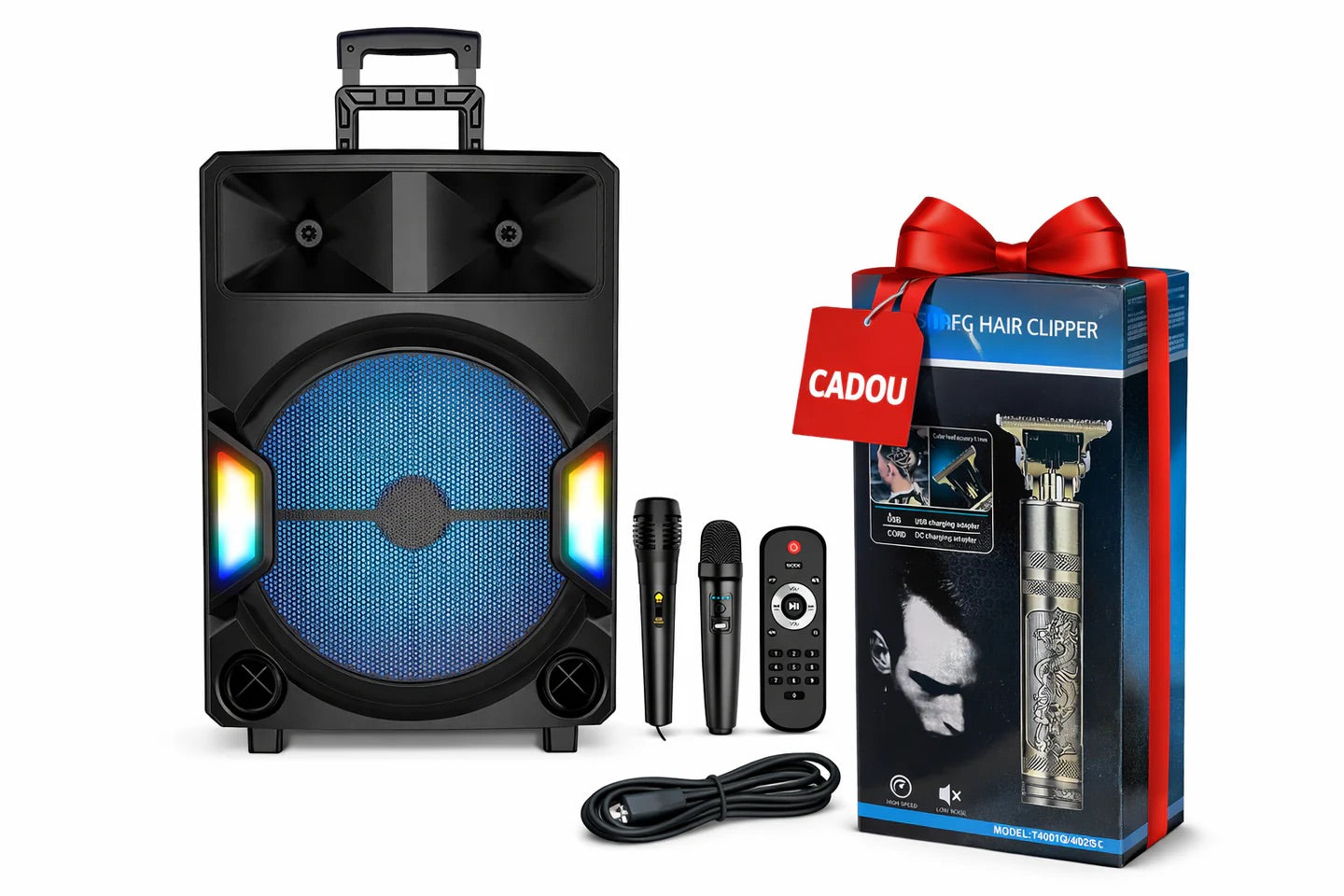 Boxă portabilă ZQS15112 cu 2 microfoane+ cadou mașina de tuns