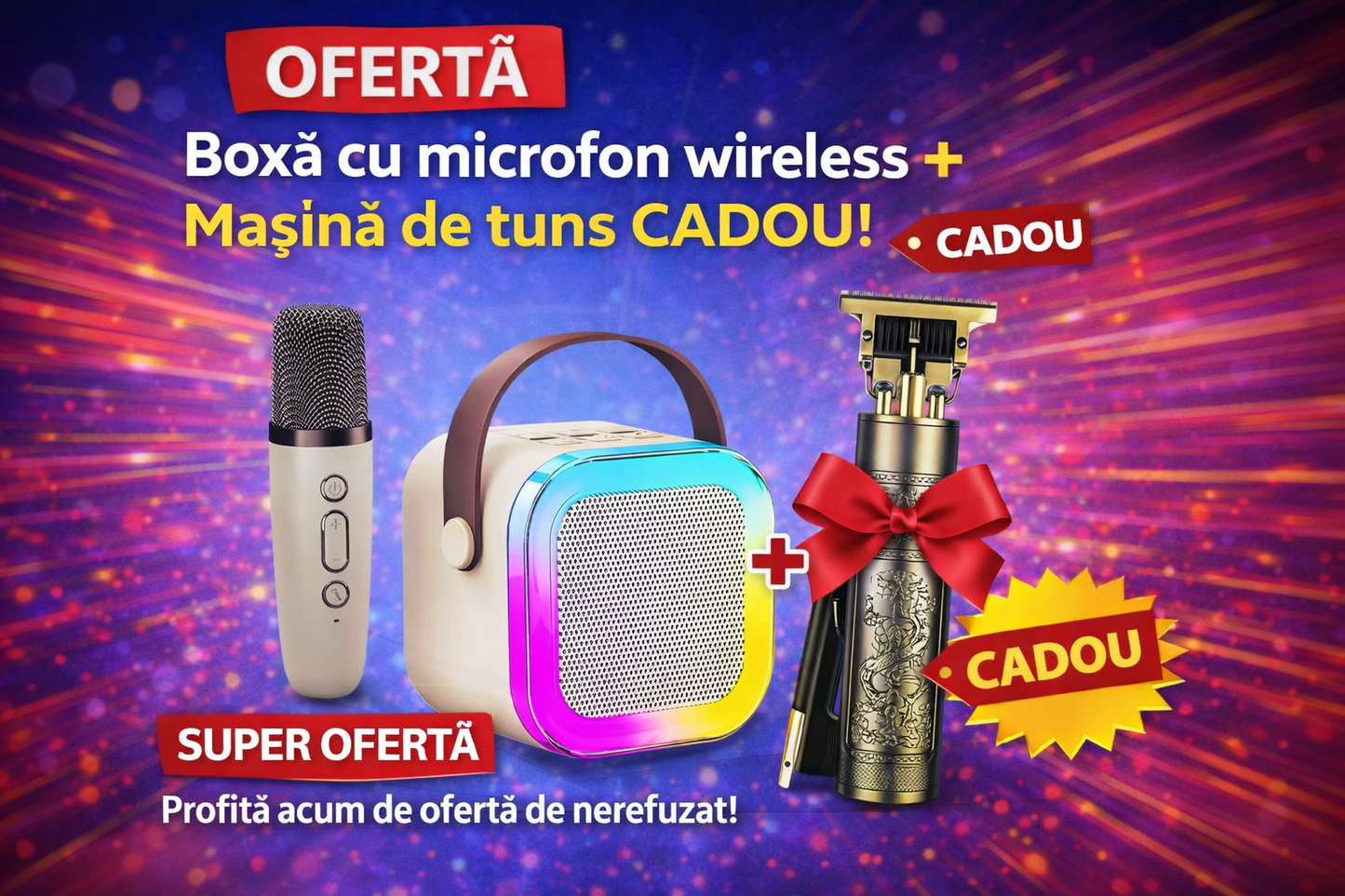boxă portabilă, roz, 6W, iluminare LED, schimbare voce, baterii reîncărcabile + masina de tuns cadou !