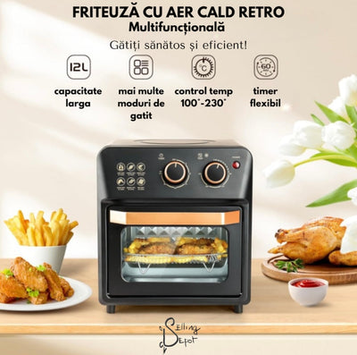 Friteuza cu aer cald retro, Seliing Depot®, cuptor electric cu prajitor de paine, cuptor cu convectie de 12 l pentru casa, tehnologie de circulatie a aerului la 360°