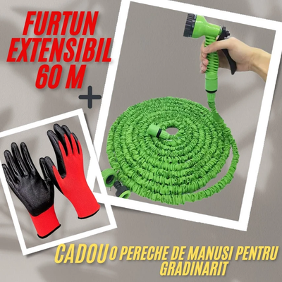 Furtun extensibil 60 m cu mănuși de grădinărit