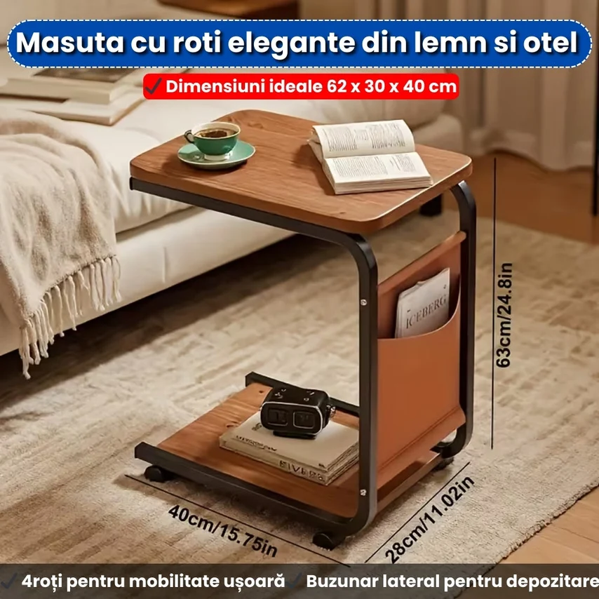 Măsuță laterală cu roți și spațiu de depozitare