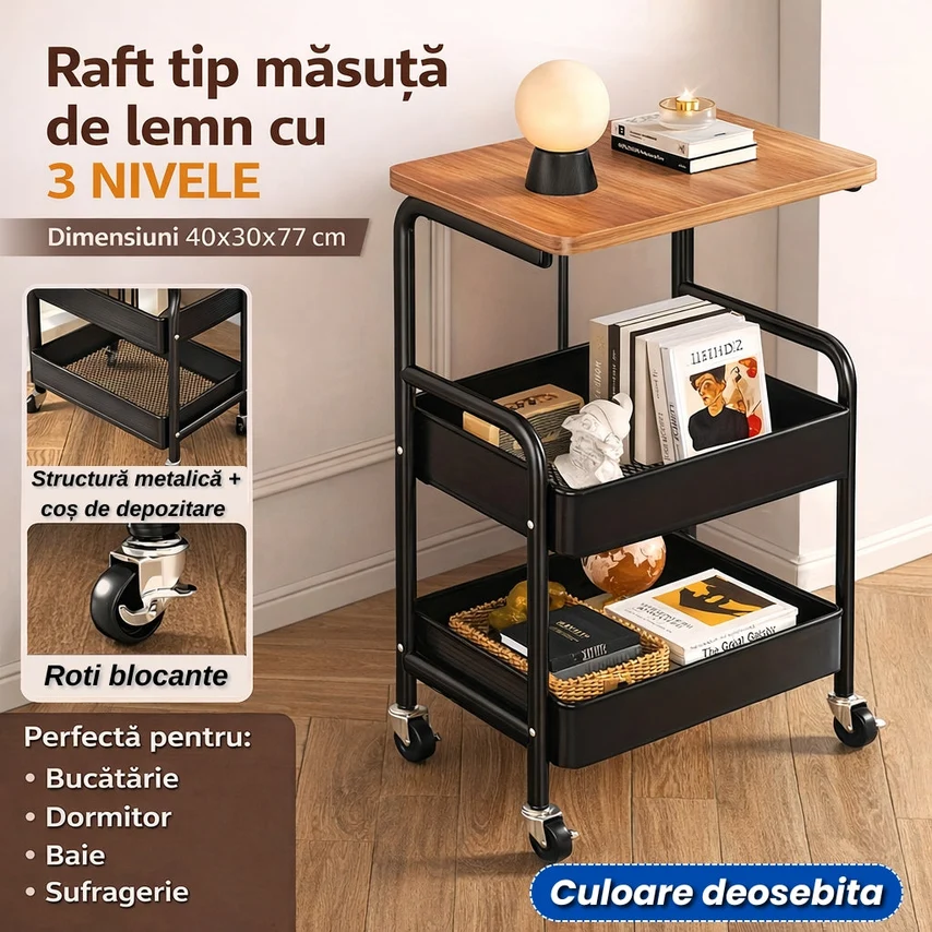 Raft tip măsuță cu 3 nivele și roți