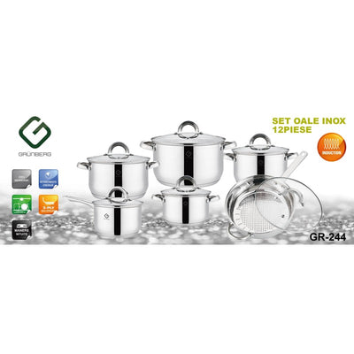 Set oale Grunberg 12 piese, inox cu capace din sticla, rezistente la uzura indelungata